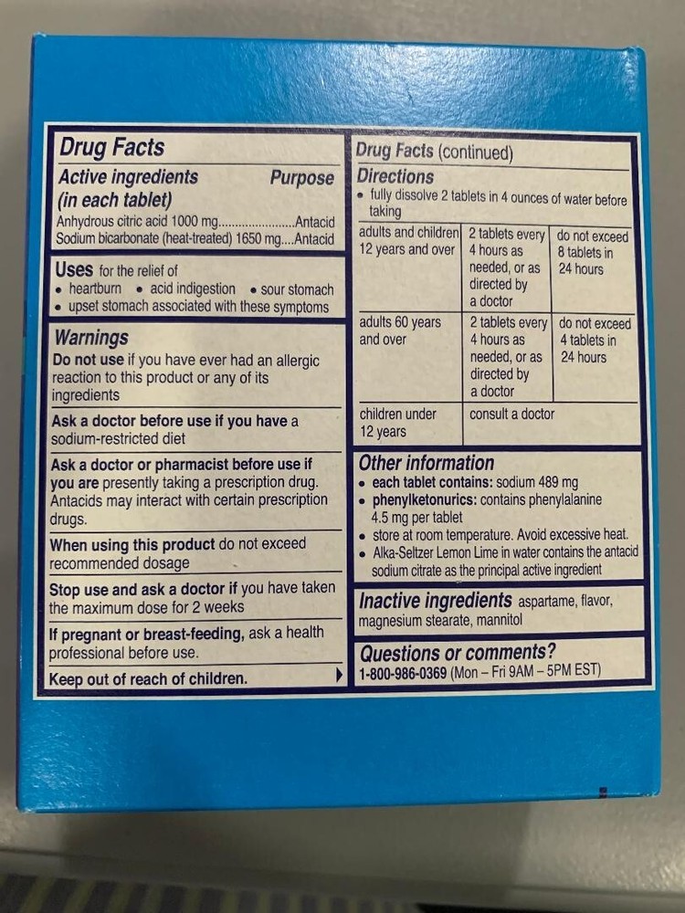 Alka-Seltzer Effervescent Tablets Lemon Lime 36 Tabs