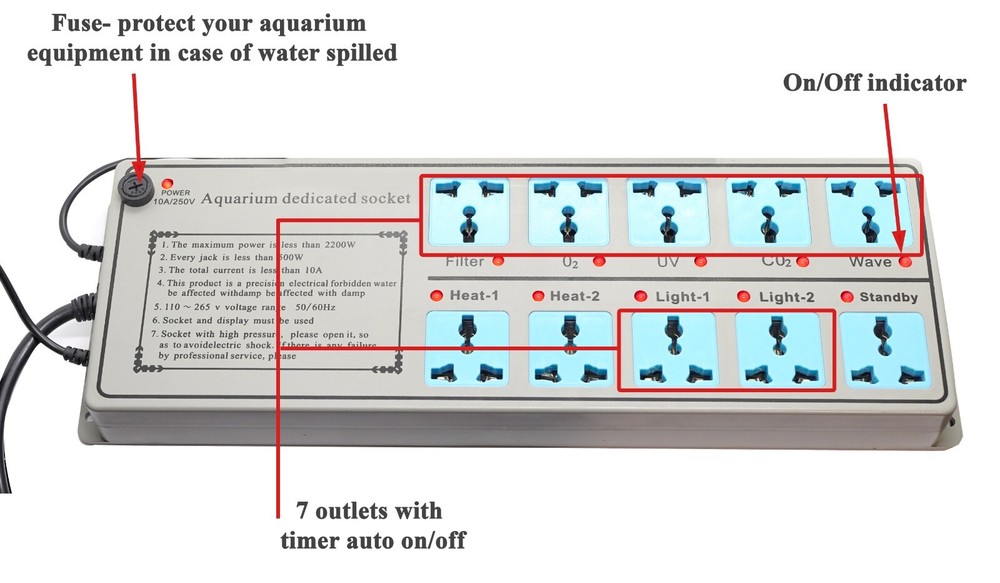 Aquarium Outlet Surge Protector Power Strip Timer Temperature Control Remote
