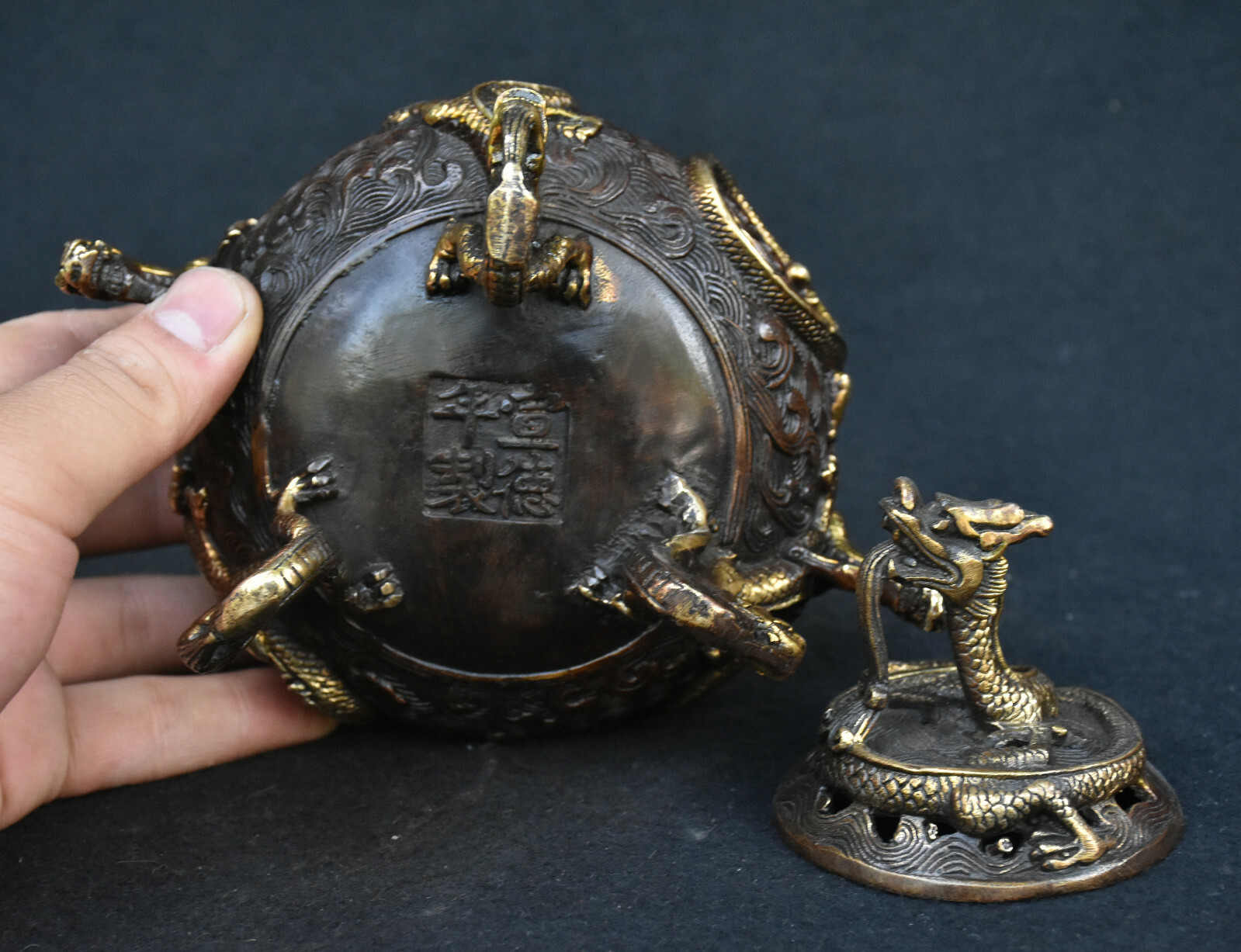 Old Chinese Dynasty Bronze Gilt Animal Dragon Loong Beast Incense Burner Censer
