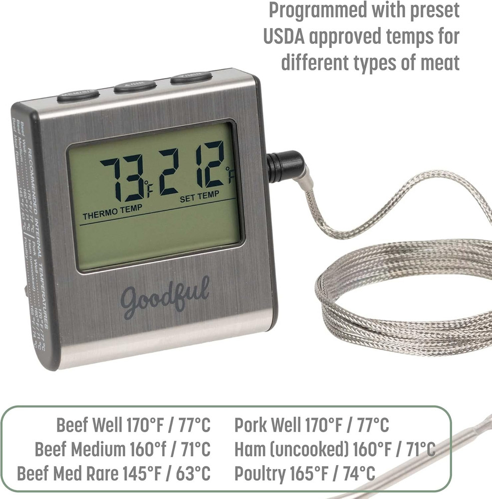 Wired Probe Meat Thermometer with Timer, Programmed with Preset USDA Approved Te
