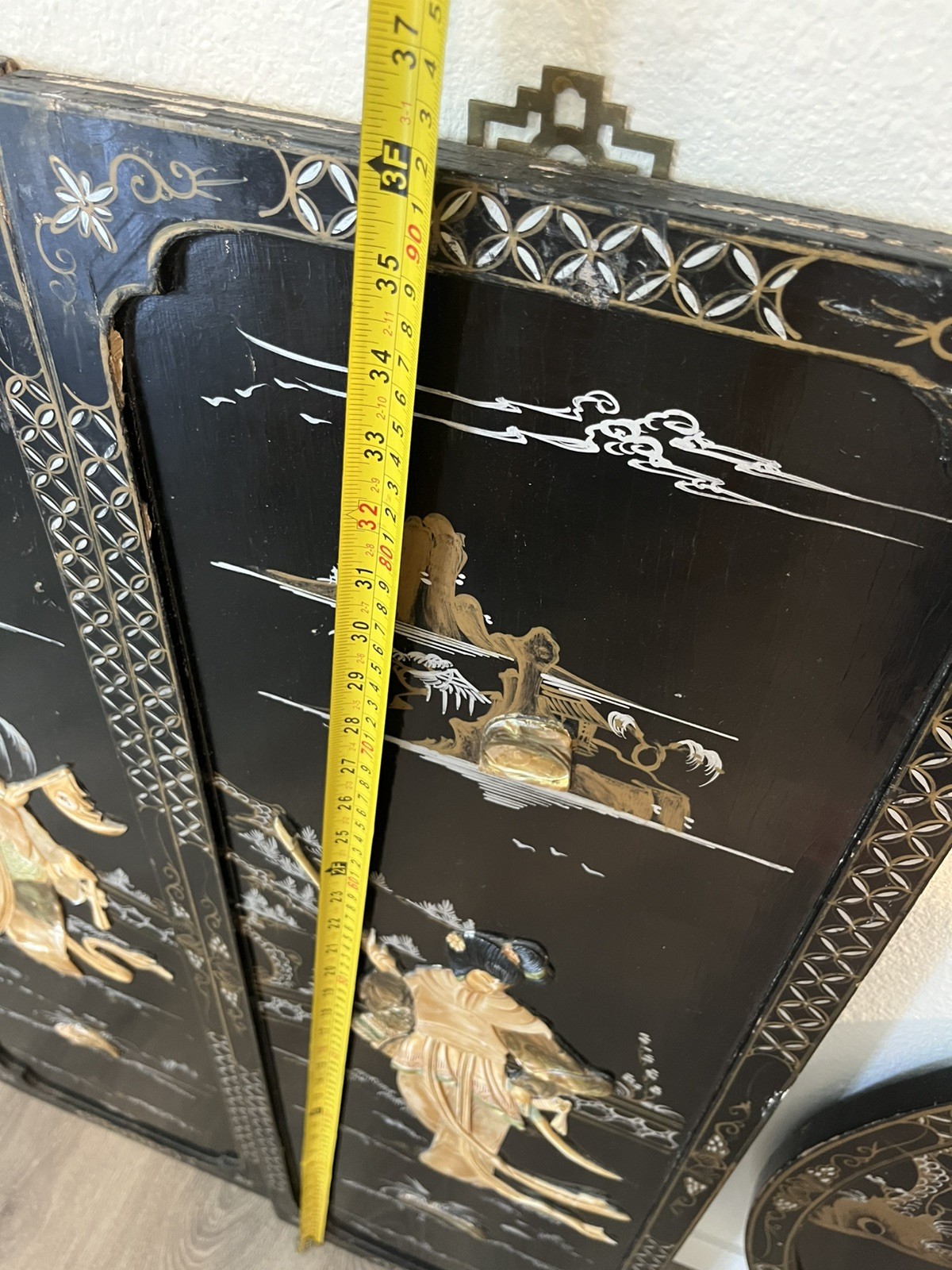 VTG 5 Asian Oriental BLACK Lacquer Mother of Pearl Wall Panels 36H x 11,5W, 30”