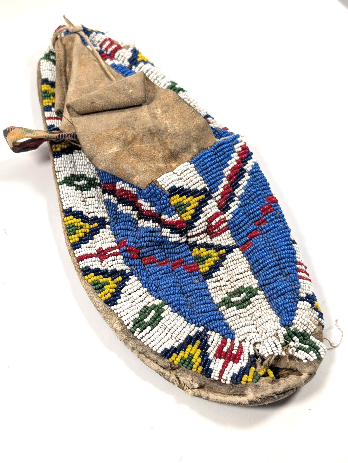 Antique Lakota Sioux Beaded Moccasin SINGLE, Fully Beaded Sole, Trade Cloth Trim
