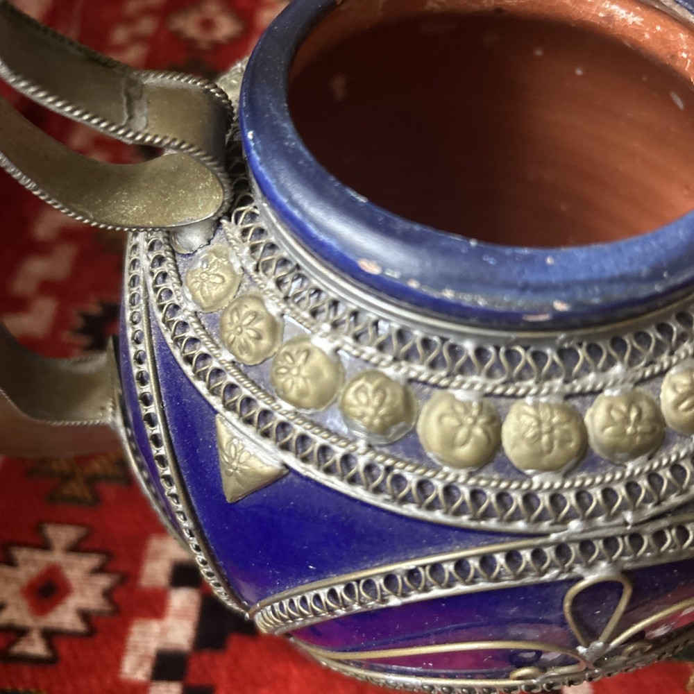 vintage Moroccan blue ceramic kettle with silver engraving