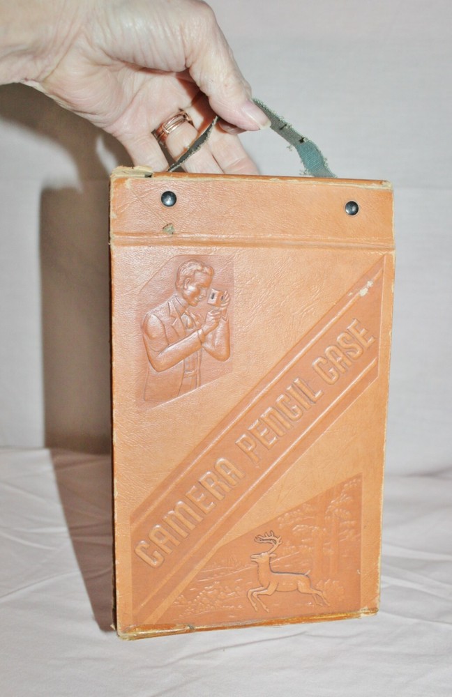 VINTAGE CAMERA SCHOOL PENCIL CASE SNAP CLOSURE WITH HANDLE BROWN