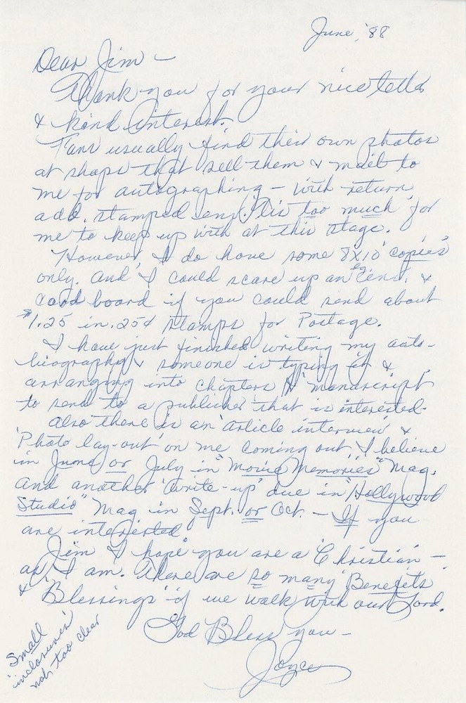Joyce Compton - Signed Handwritten Letter