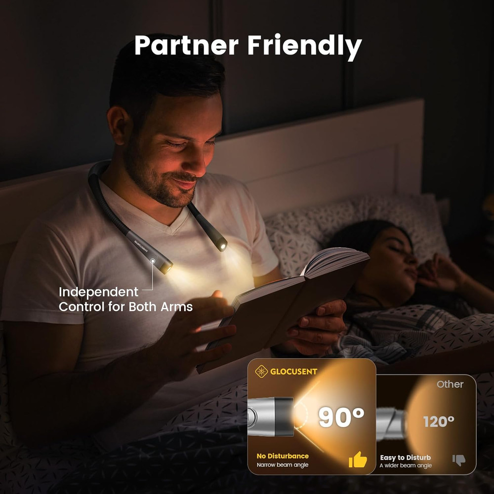 Glocusent Book Light, 3-Color & 6-Brightness Reading Light, Bendable Neck Light,