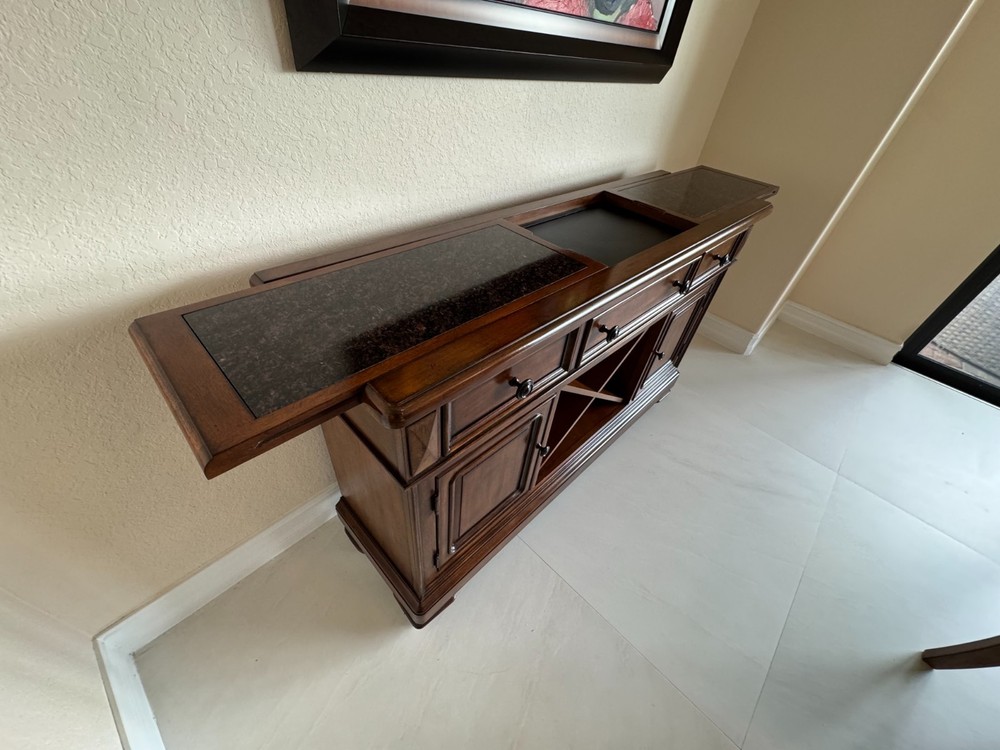 Antique Solid Wood Sideboard Buffet with Wine Rack & Granite Top