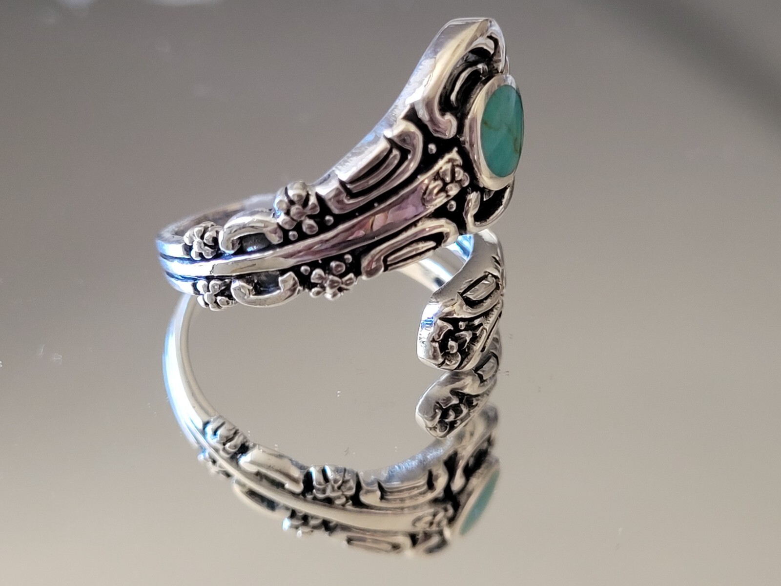 .925 Sterling Silver Victorian Turquoise Spoon Ring Adjustable Spoon Ring Band