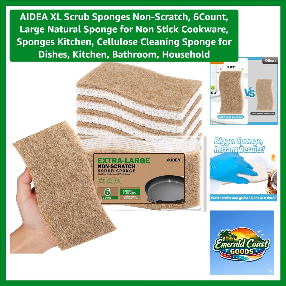 Extra Large Cellulose Sponges 6 Pack - Non-Scratch, Multi-Purpose Cleaning Power
