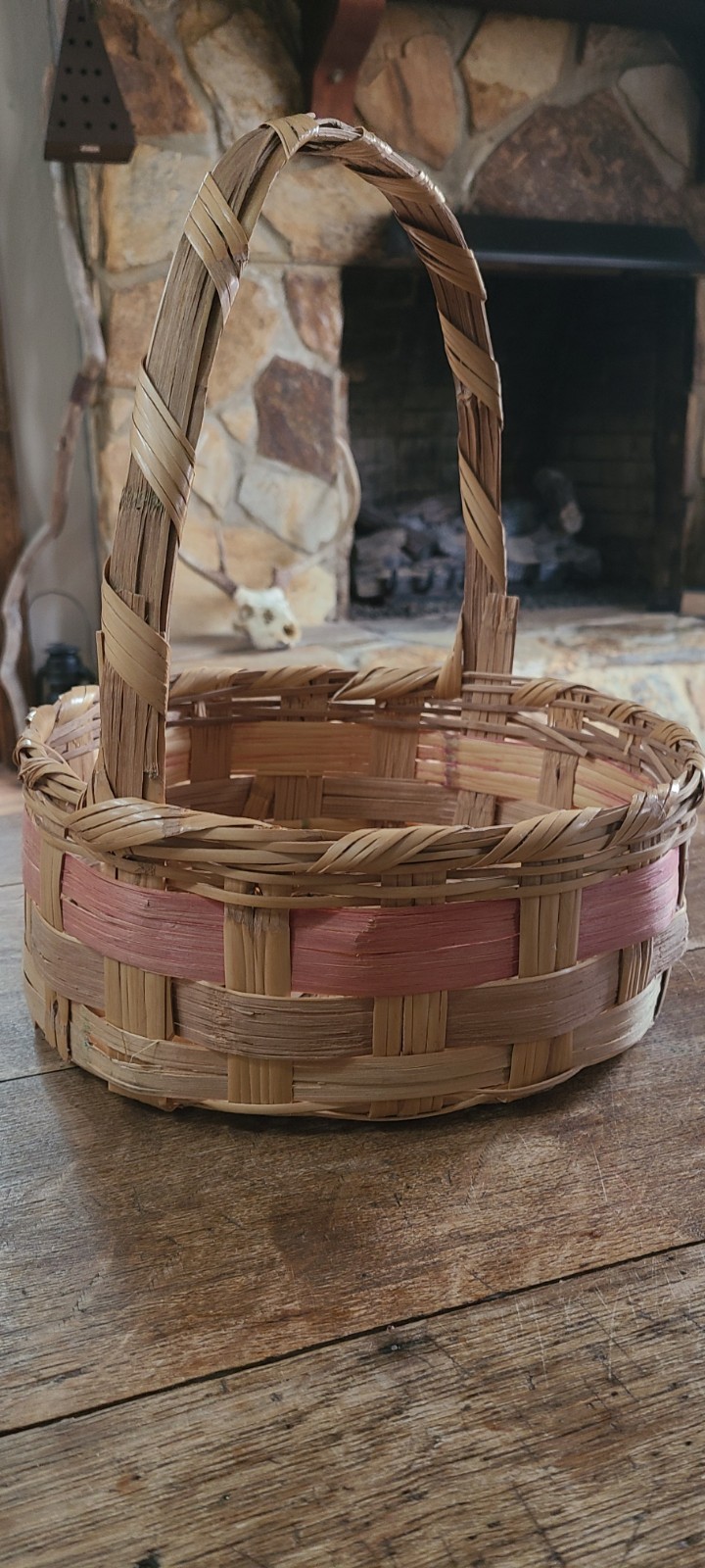 Vintage Woven Easter Basket Pink Band Handle Mexico Round Large 11.5 X 13