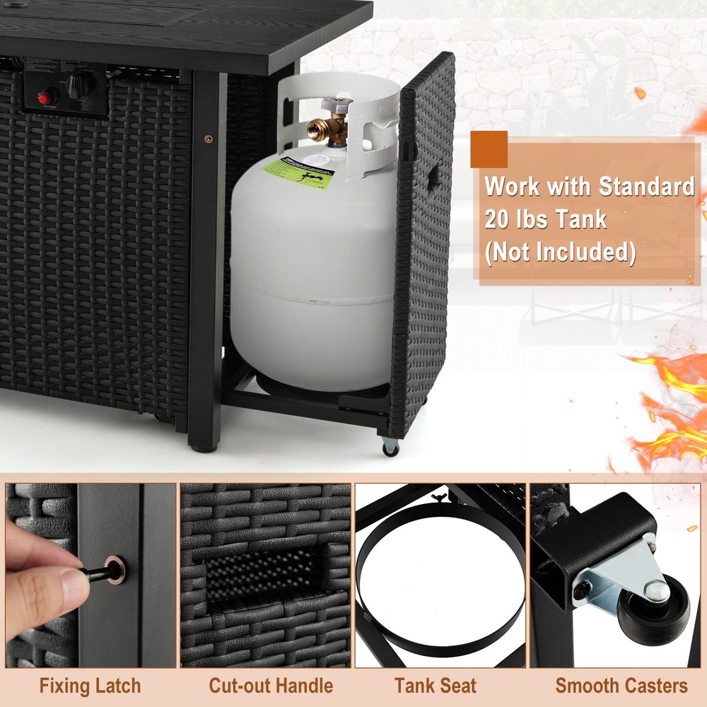 2-in-1 52" Rectangular Wicker Fire Table w/ Cover 50,000 BTU Black