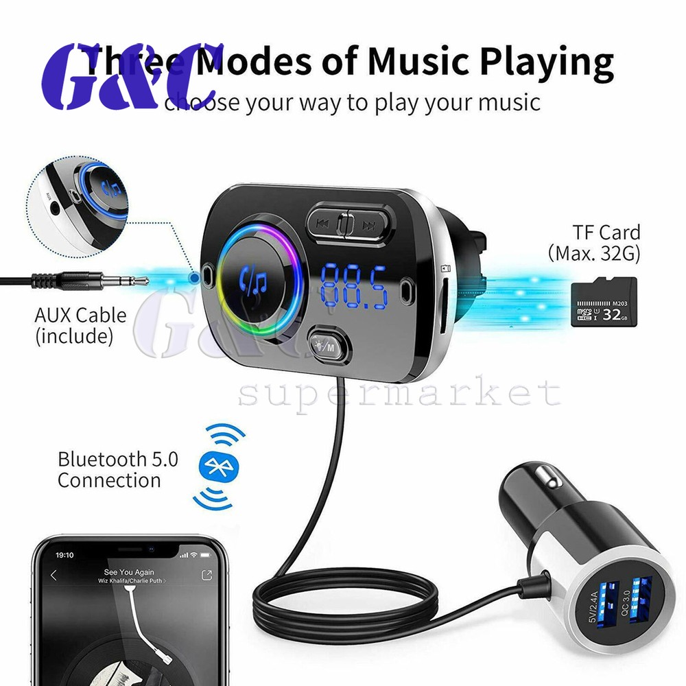 Bluetooth 5.0 Handsfree Car Kit FM Transmitter MP3 Player & USB Fast Charger AUX