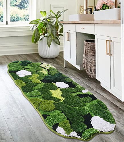 Cute Green Moss Bathroom Runner Rug Long Rectangular Boho Aesthetic Leaf