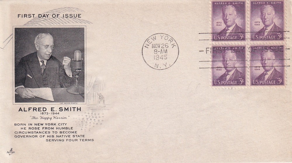 STAMP US SCOTT 937 "Alfred E. Smith" 3 CENT 1945 BLOCK OF 4 FDC - H