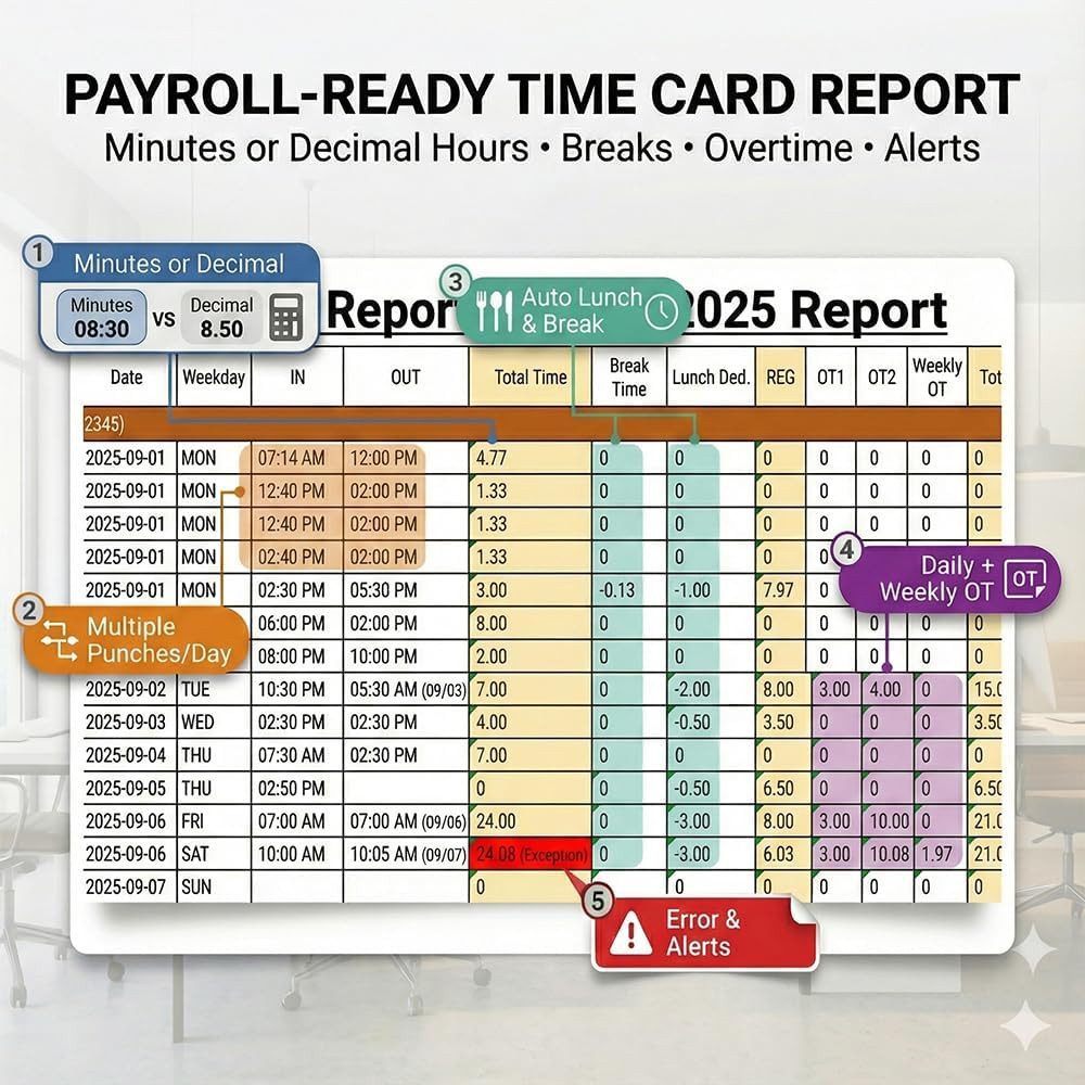 Time Clock System: App Control & 5S Fast Connection, Customizable Rules & 4 Payr