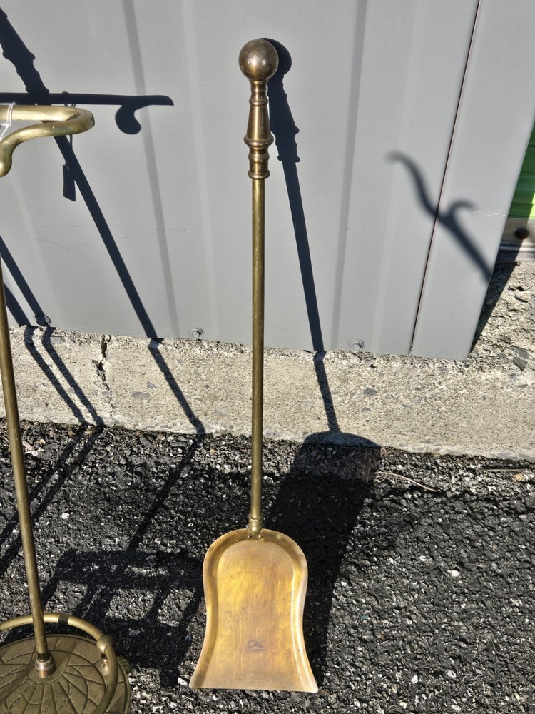Vintage Solid Brass Fireplace 3 Tools with Stand Set 4x PIECE Round Claw Footed