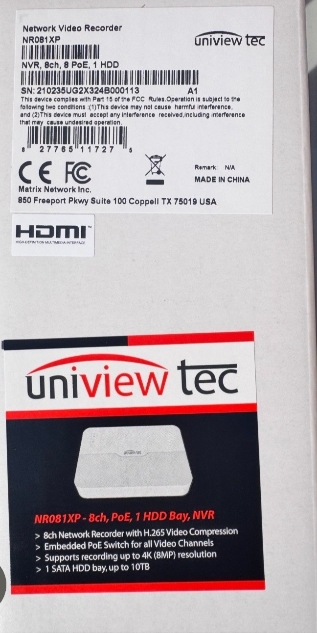 NVR 8-Ch, POE, with No HDD, by Uniview Tech, NR081XP,