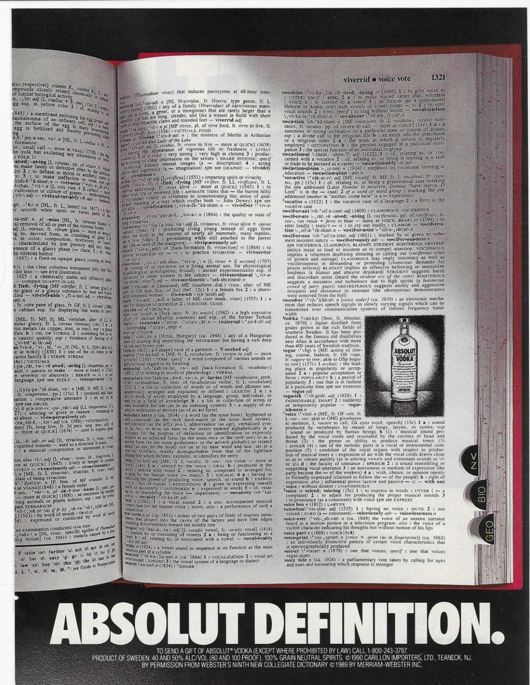 ABSOLUT DEFINITION.   VODKA  ORIGINAL PRINT AD