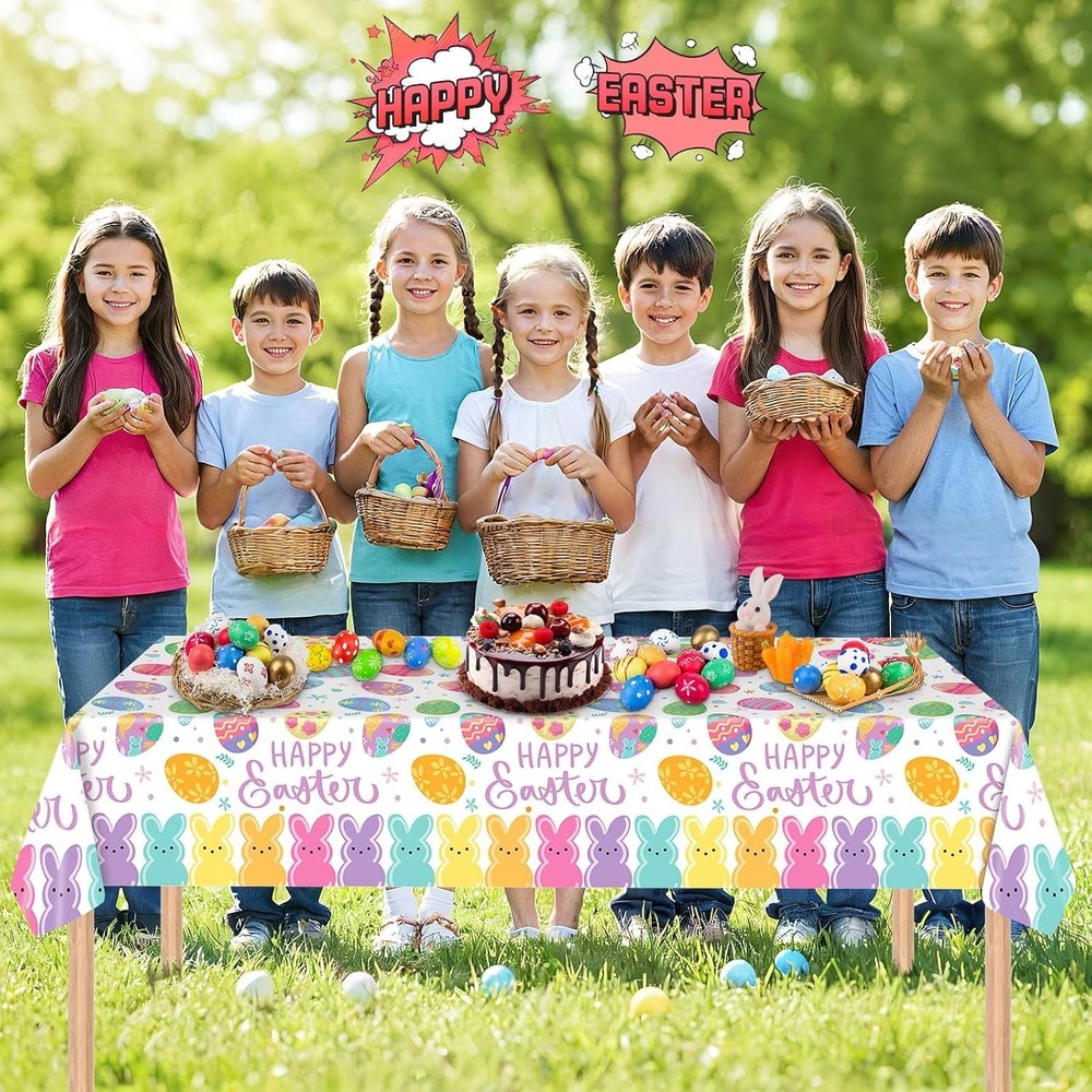 2 Pcs Happy Easter Table Cloth - Plastic Bunny Eggs Tablecloth, Disposable Re...