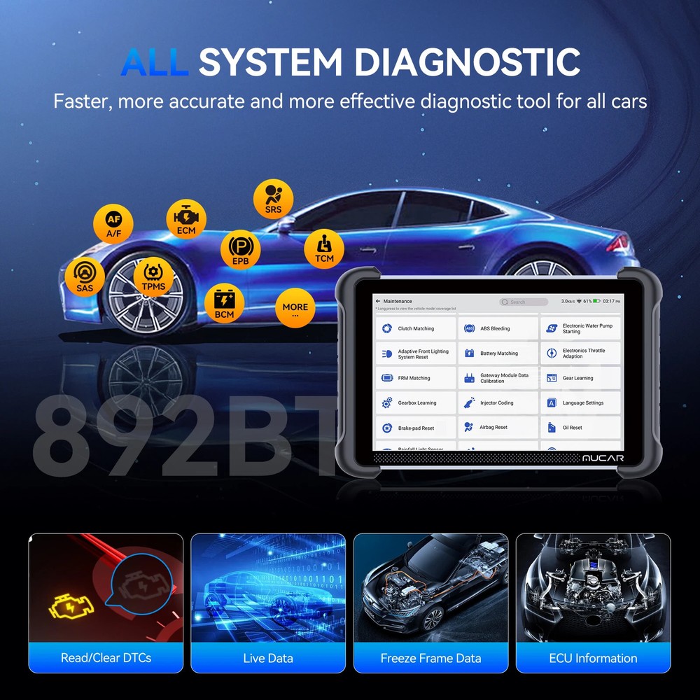 MUCAR 892BT Car Diagnostic Tool OBD2 Auto Scanner 35 Reset TKEY101 IMMO Key Code