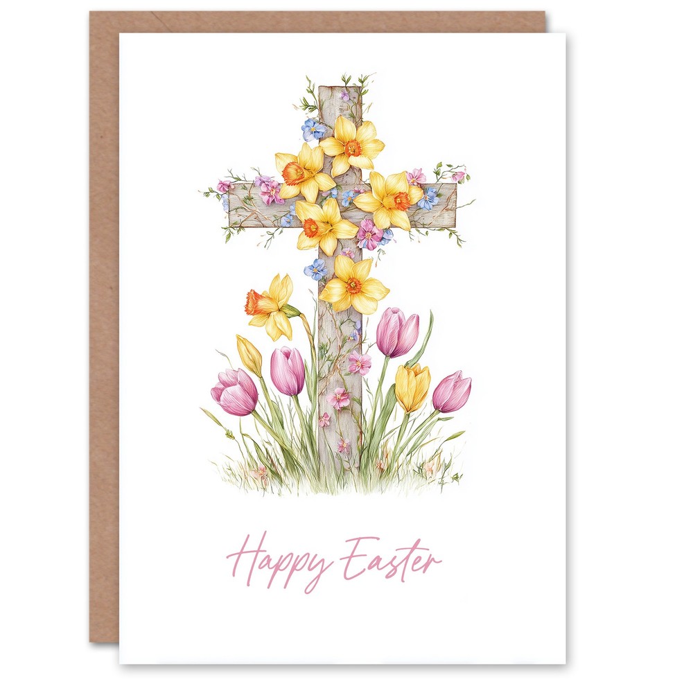 Happy Easter Greeting Card – Spring Flower Cross Design, Blank Inside