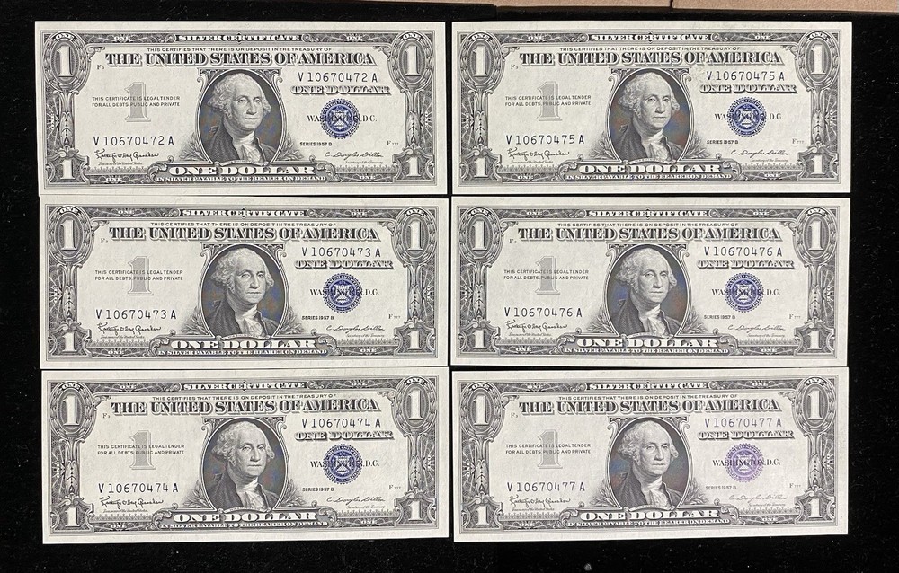 1957 B $1 Silver Certificates 6 Consecutive Notes