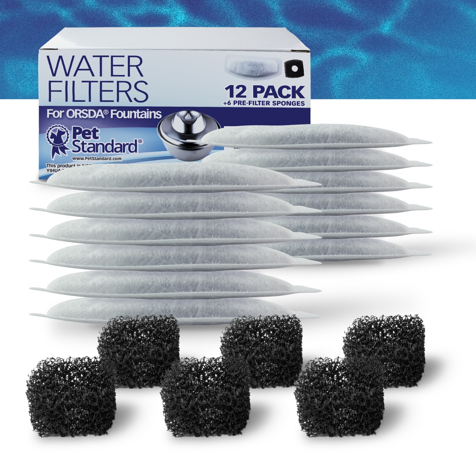 Water Filters & Sponges For ORSDA® Stainless Steel Pet Water Fountains, 12 Pack