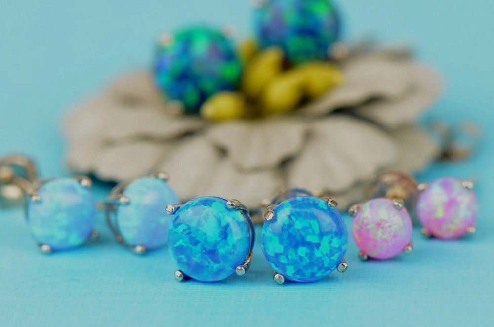 925 Sterling Silver Round Opal stud Earrings