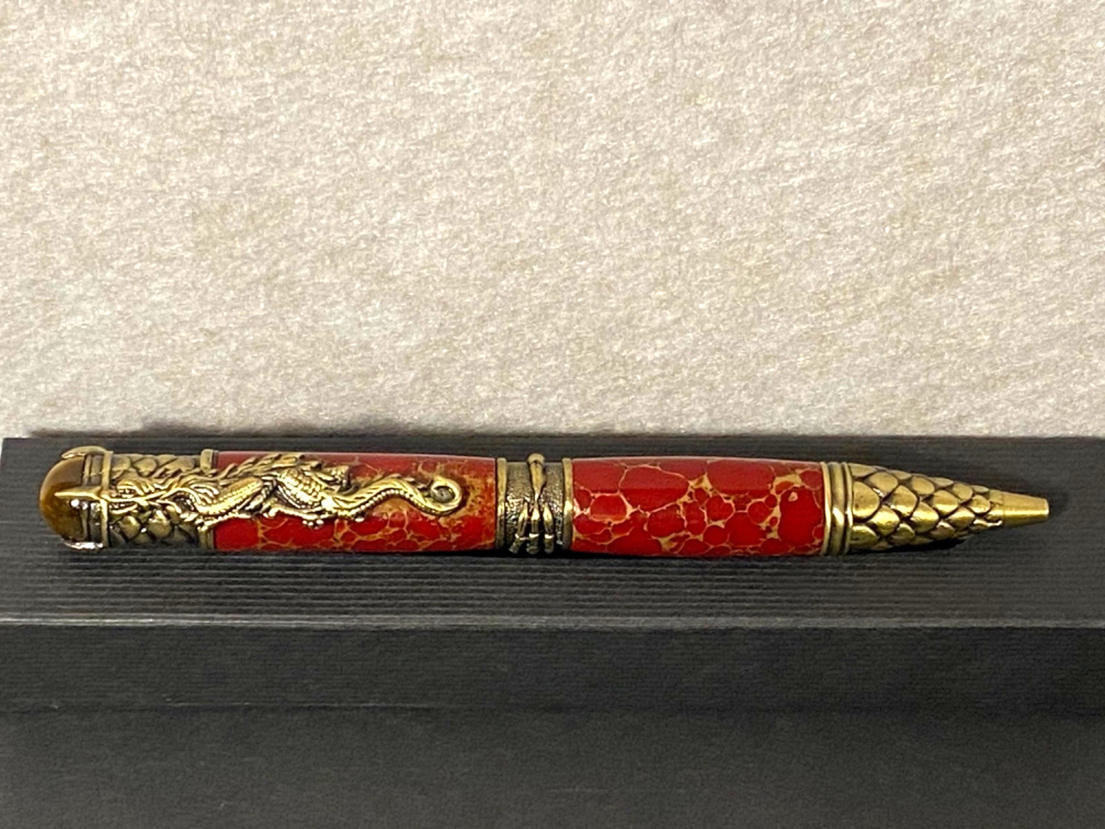 Red Jasper Crouching Dragon Armored Scales Twist Ballpoint Pen Tigers Eye