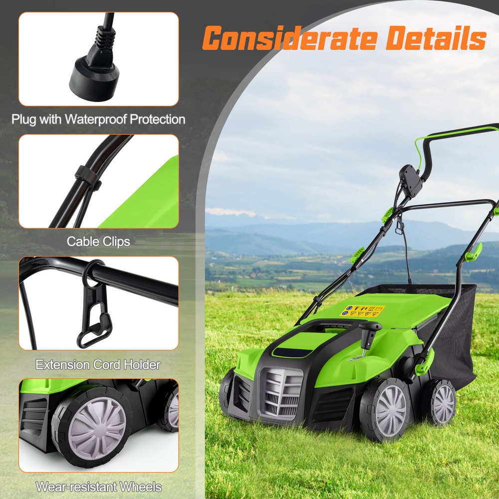 16-Inch Folding Electric Dethatcher & Scarifier w/ 3-Position Height Adjustment