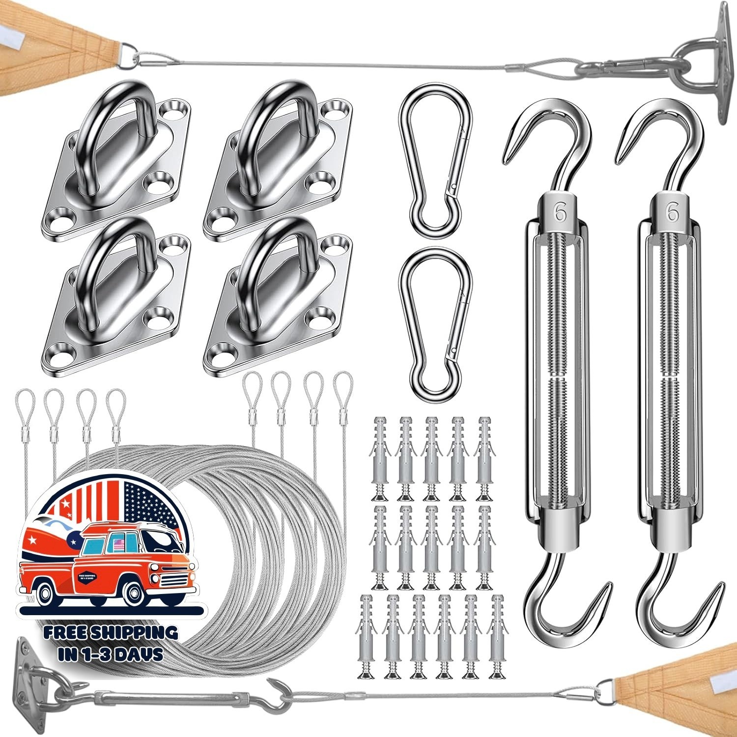 Kit de herrajes para velas de sombra con cable de acero 40 herrajes con 4 cables