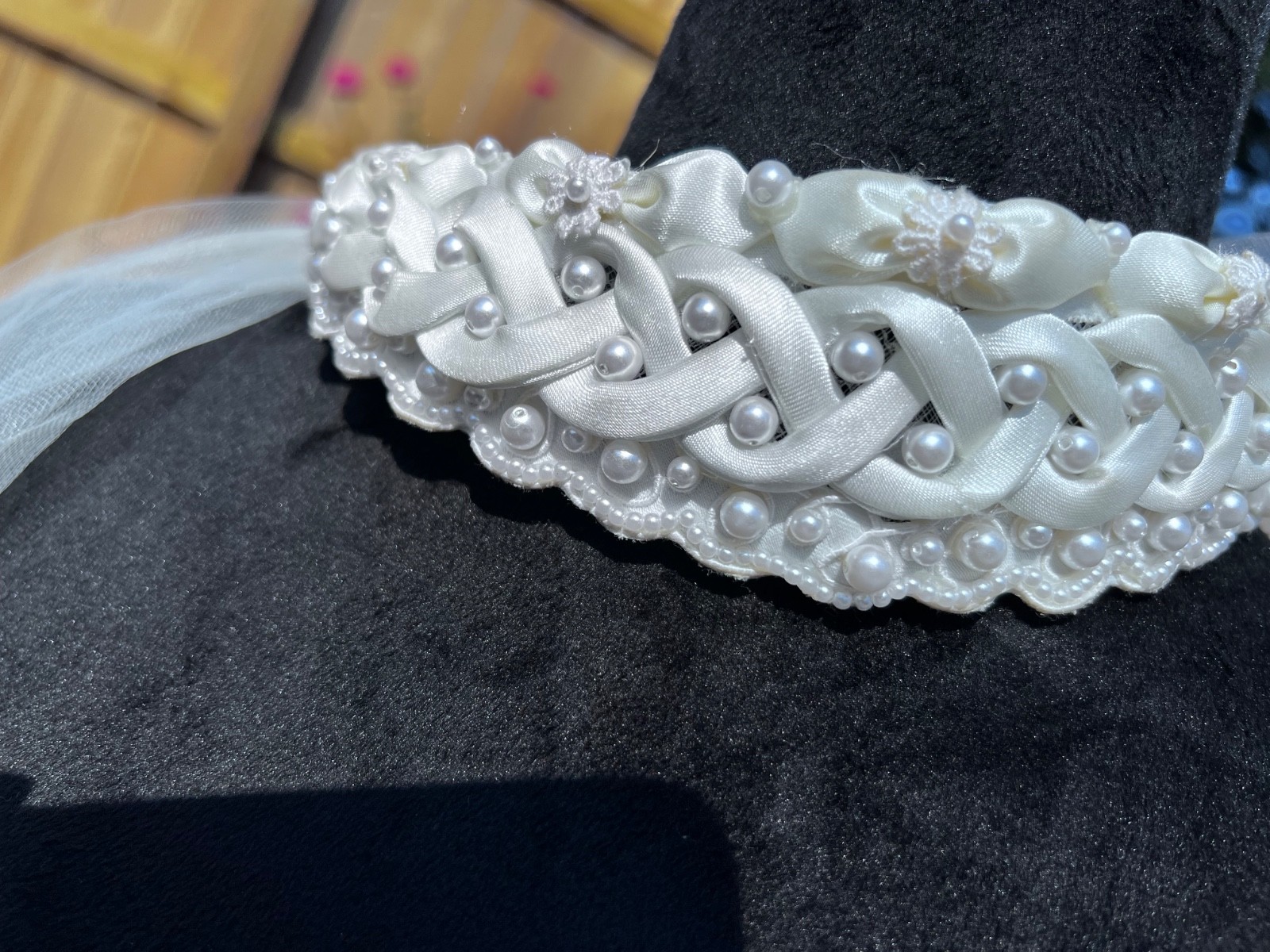 Vintage White Wedding Veil With Pearl & Beaded Headband Double Layer Satin Edge