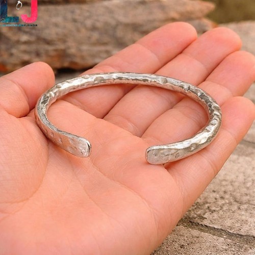 Hammered Rounded Bangle 925 Sterling Silver Solid 4mm Cuff Bracelet Mens Bangle