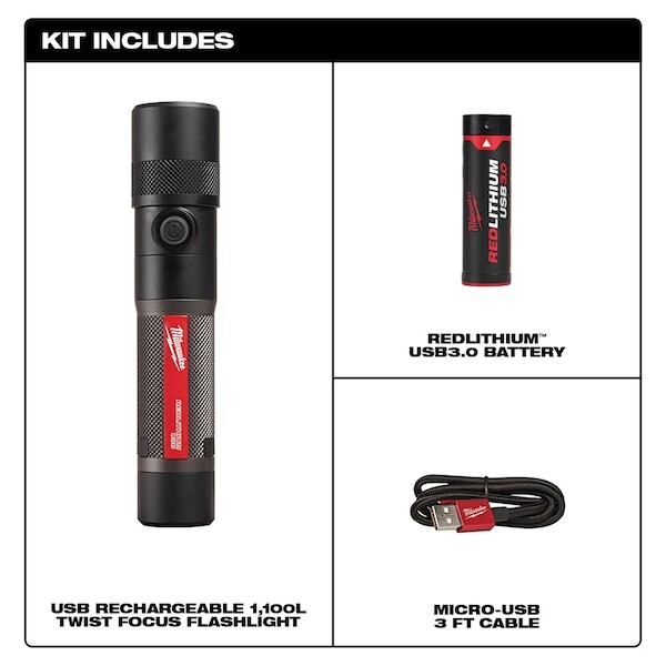 Milwaukee Tool 2161-21 Redlithium Usb Twist Focus Flashlight (1,100 Lumens)