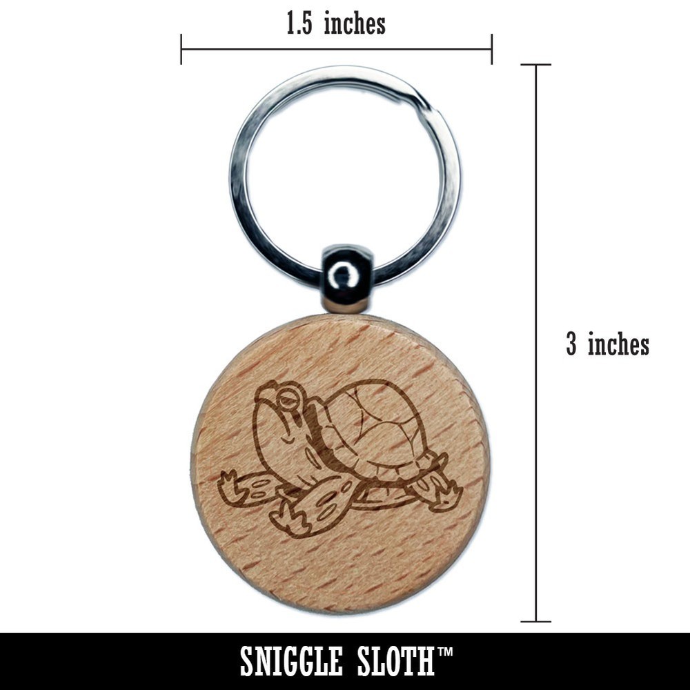 Basking Turtle Terrapin Sun Bathing Engraved Wood Round Keychain Tag Charm