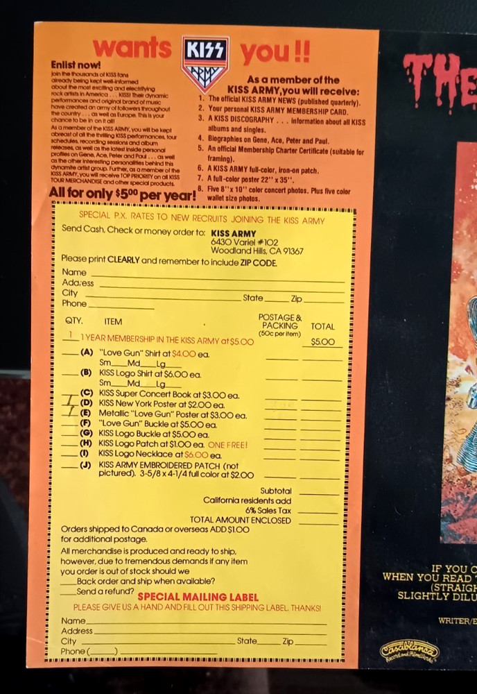 VINTAGE 1977 KISS ARMY LOVE GUN MERCHANDISE INSERT COMIC BOOK AD MAILER NM/Mint