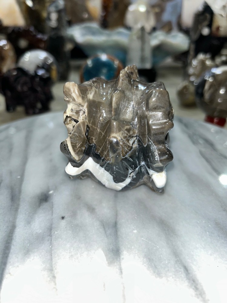 Volcano agate UV reactive Dragon skull carving