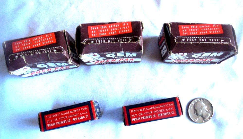 5 empty single edge razor blades boxes 3 "GEM PUSH-PAK" & 2 "Marlin Firearms Co.