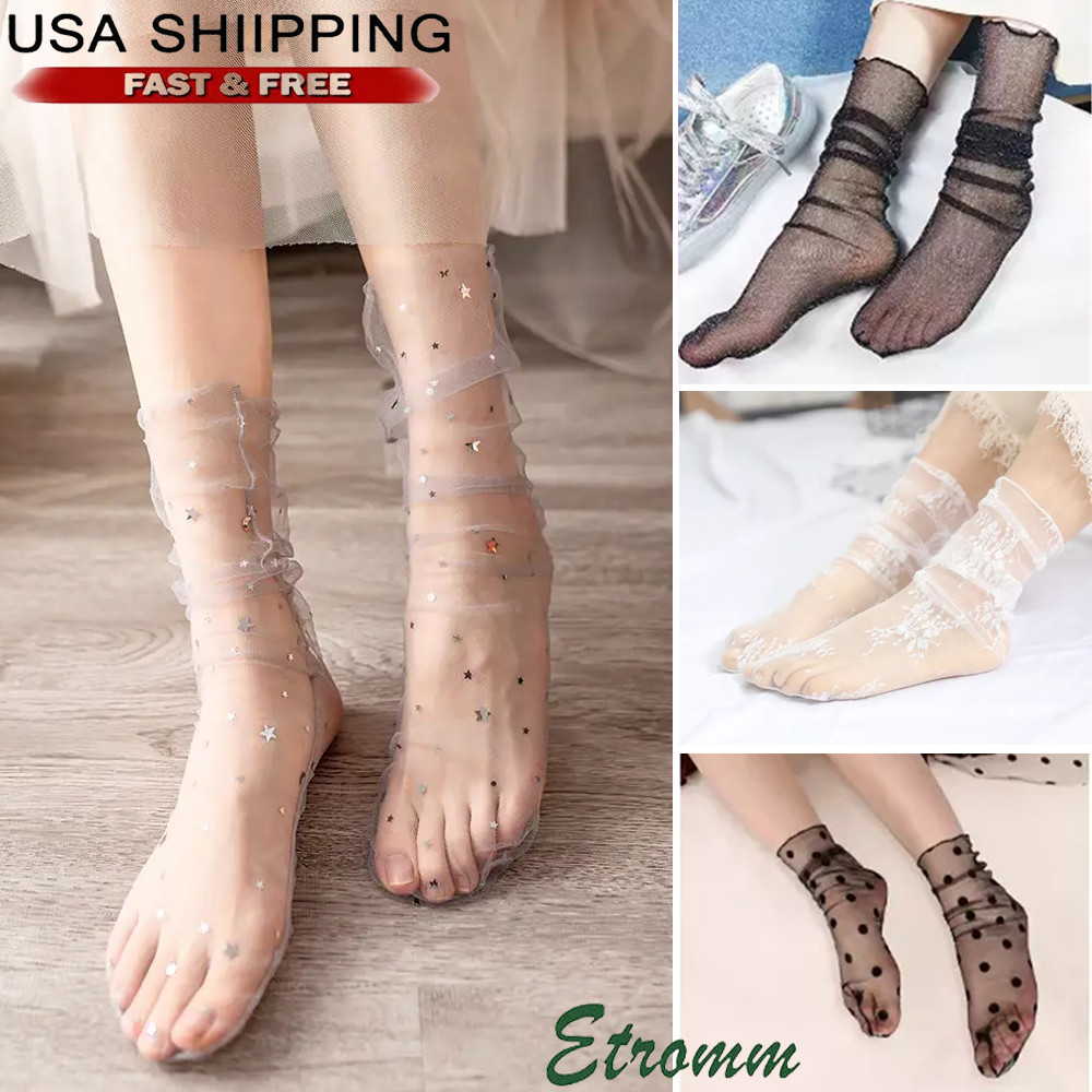 Women Mesh Fishnet Lace Ruffle Socks Sheer Silky Glitter Short Ankle Stockings