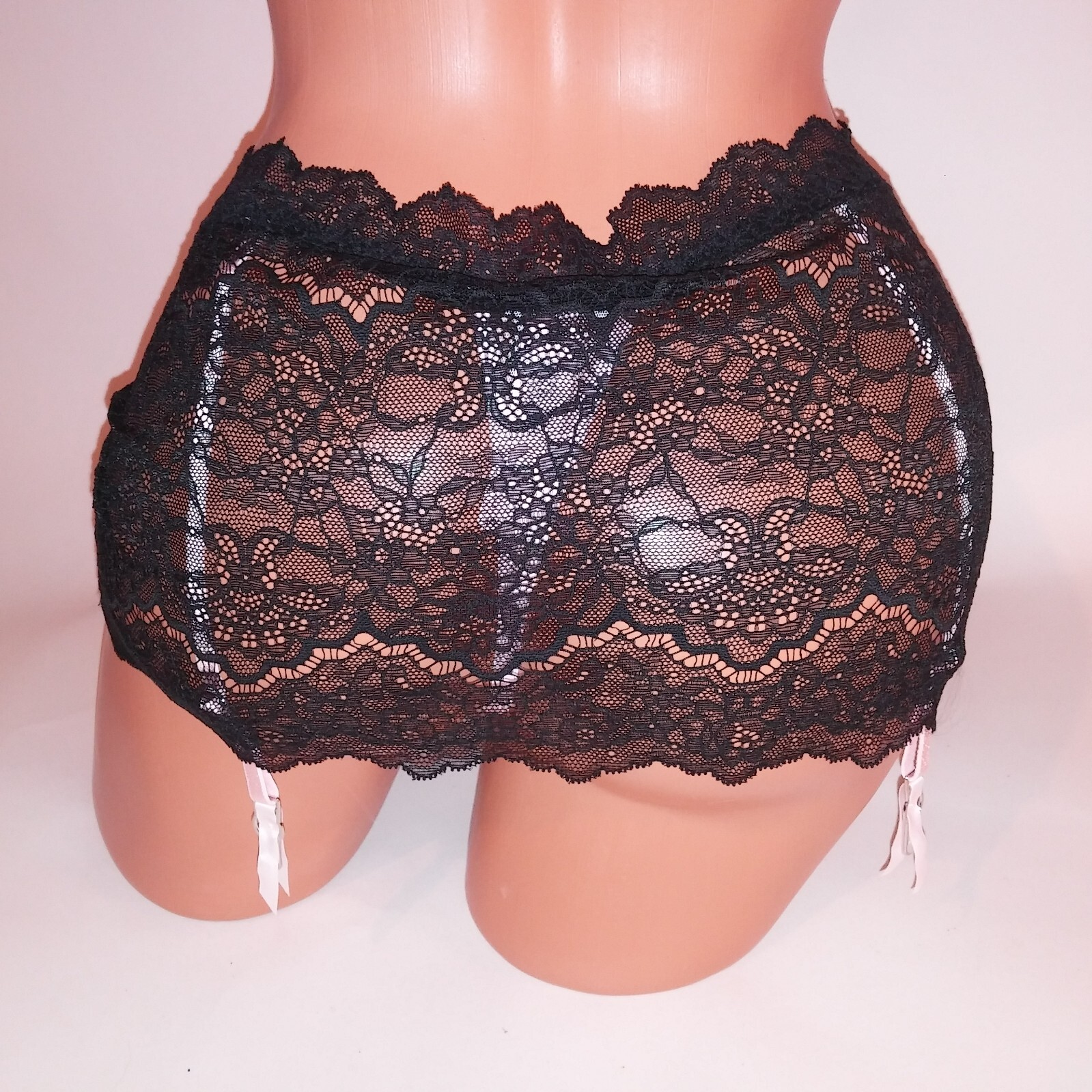 Victoria Secret Garter Belt Skirted Attached Thong Panty Black Pink Lace Dream