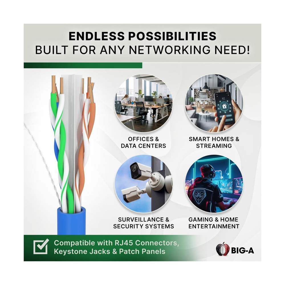 Big-A - Cat6 Plenum Cable 1000ft, Cat 6 Ethernet Cable (CMP) 10 Gigabit Solid...
