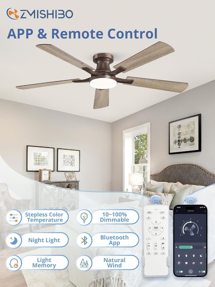 52 Inch Ceiling Fan W/ Light App&Remote Control Flush Mount Low Profile Dimmable