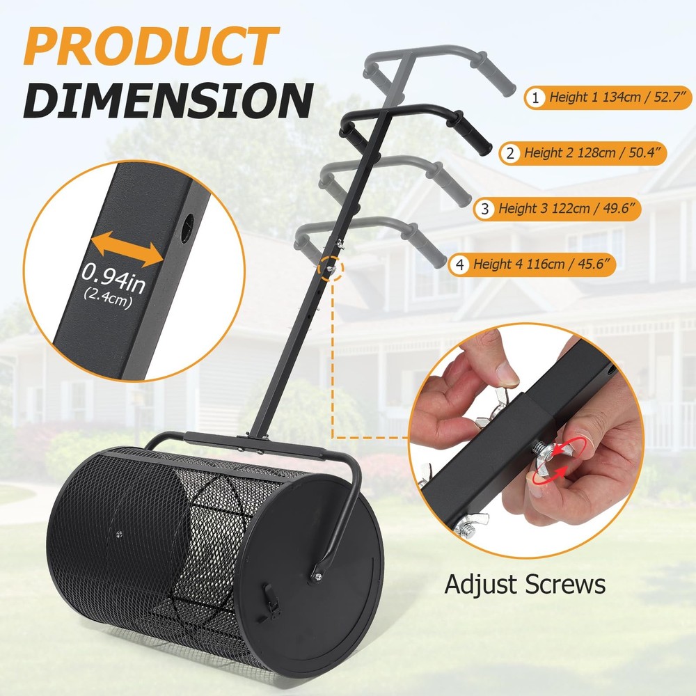 Compost Spreader 24in Peat Moss Spreader - U Shaped Comfortable Handle & Adju...