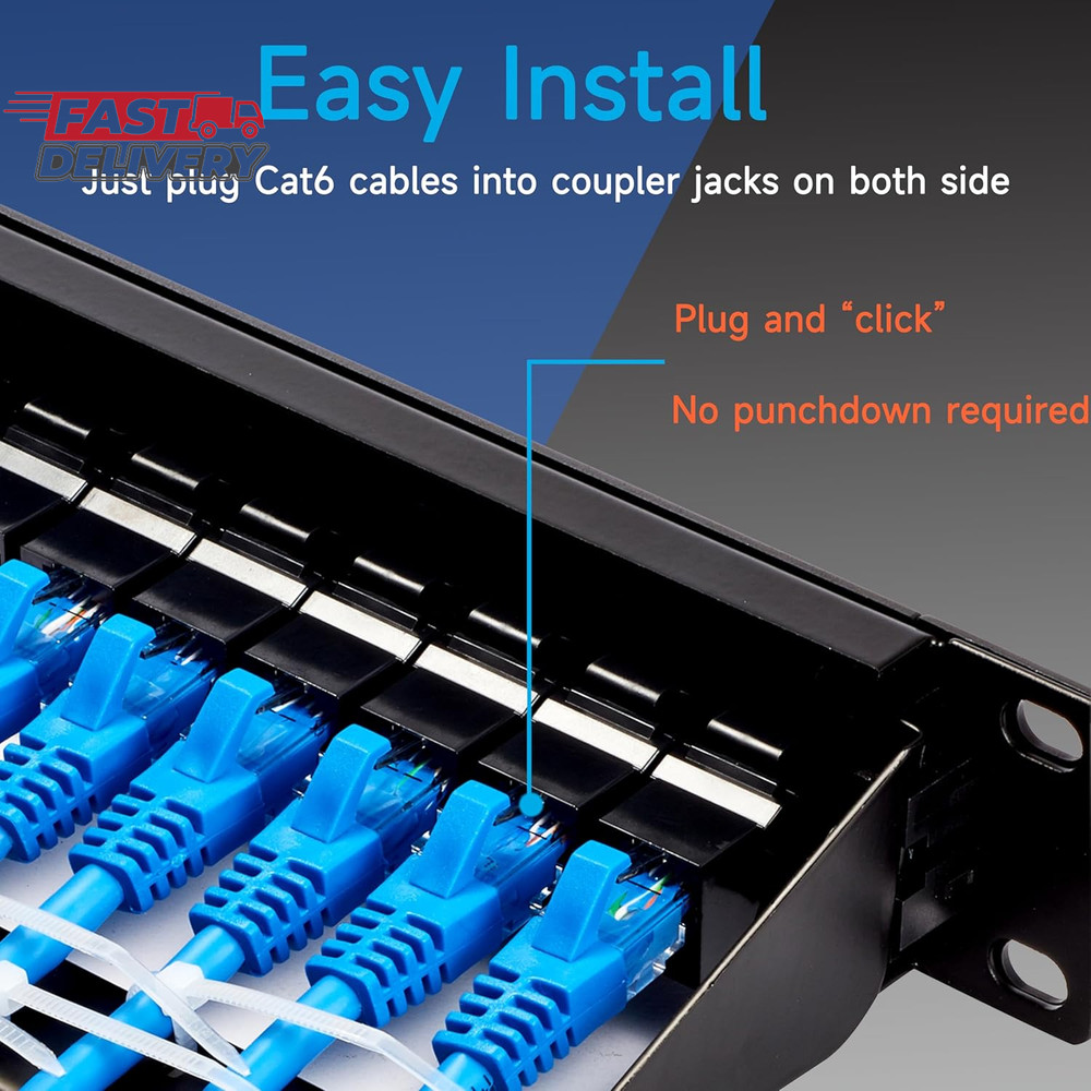 24 Port RJ45 Patch Panel Cat6 Feed Through, Coupler Network Panel 19 Inch, Inlin