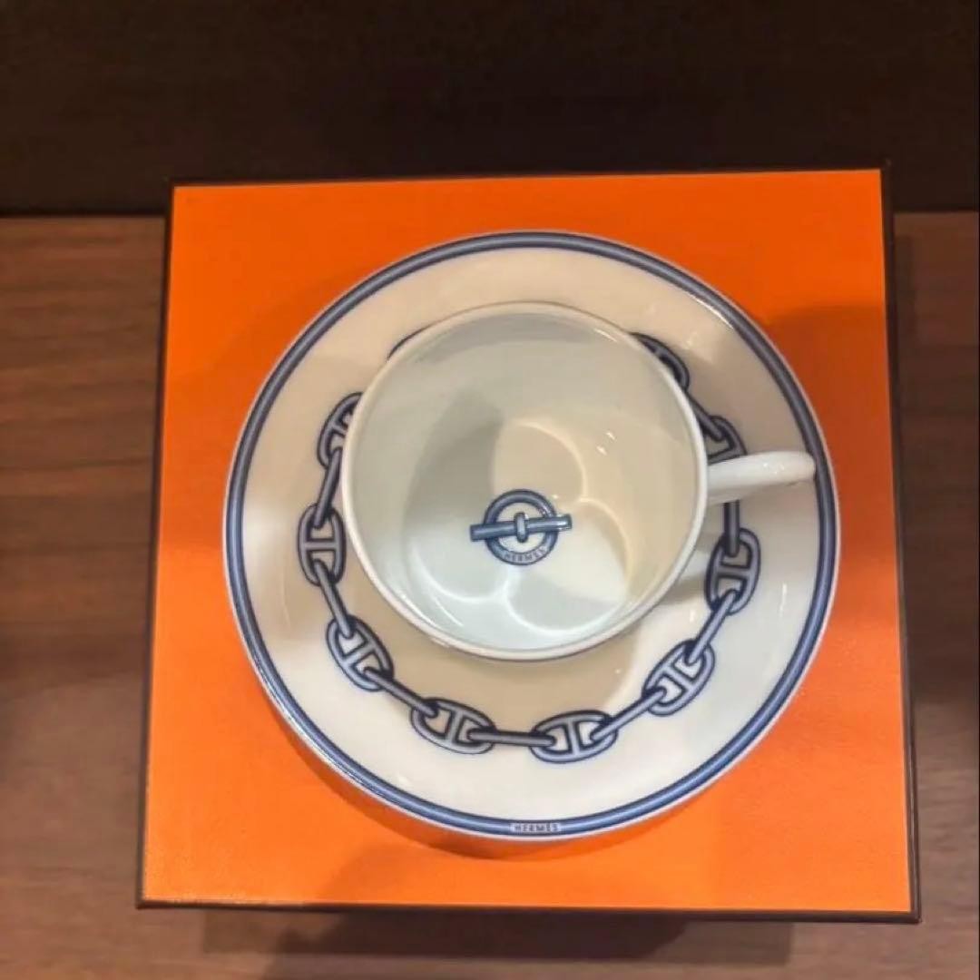 Hermes Chaine d Ancre Cup Saucer Set White Blue Authentic Luxury Edition