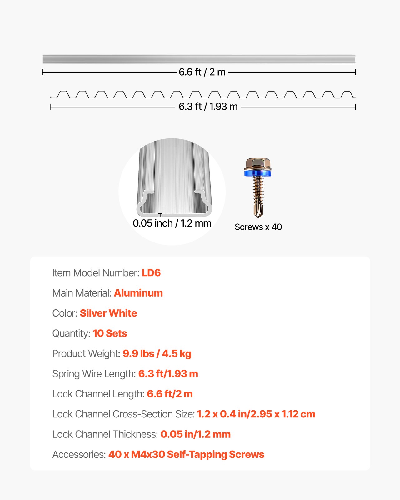 VEVOR Greenhouse Spring Wire & Lock Channel Aluminum Alloy 10 Packs 6.56 ft