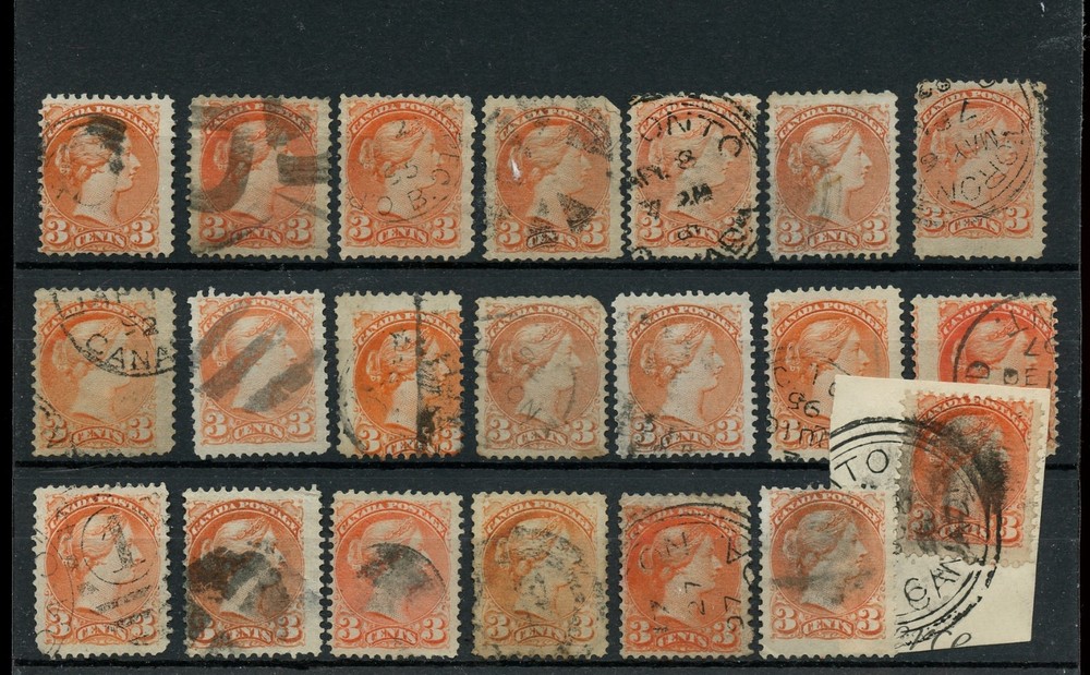 SMALL QUEEN 3 cent Various cancels, corks, used lot CAnada