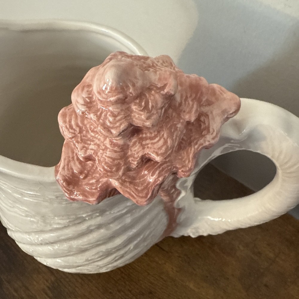 Vintage Shell Pitcher 1994 Hand painted White W/Pink Shell On Handle Approx 7”