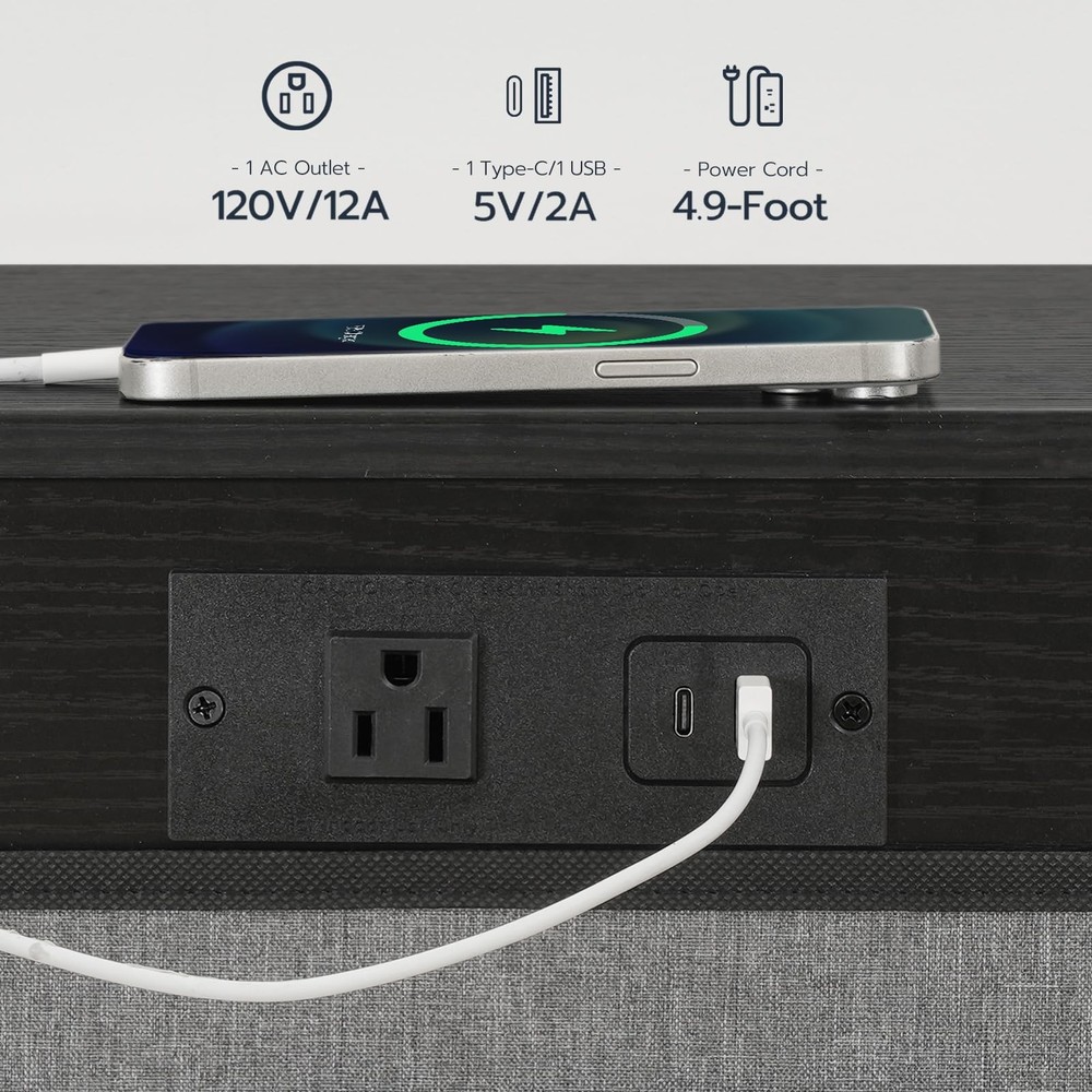 BB77USF01 Black C Shaped End Table With Charging Station Adjustable Height