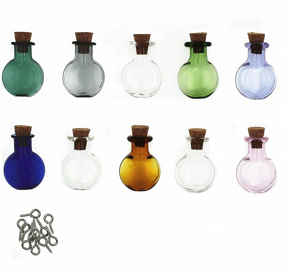10Pcs Colored Tiny Glass Jars Mini Glass Bottles with Cork Stoppers Mini Flat ro